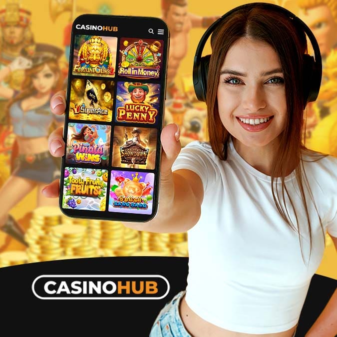 image of a girl holding phone showing game apps with casinohub logo showing online casino games.